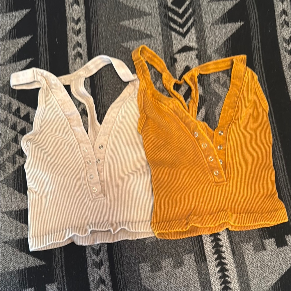 Free People Happiness Runs Henley Ribbed Tops - Cream and Orange